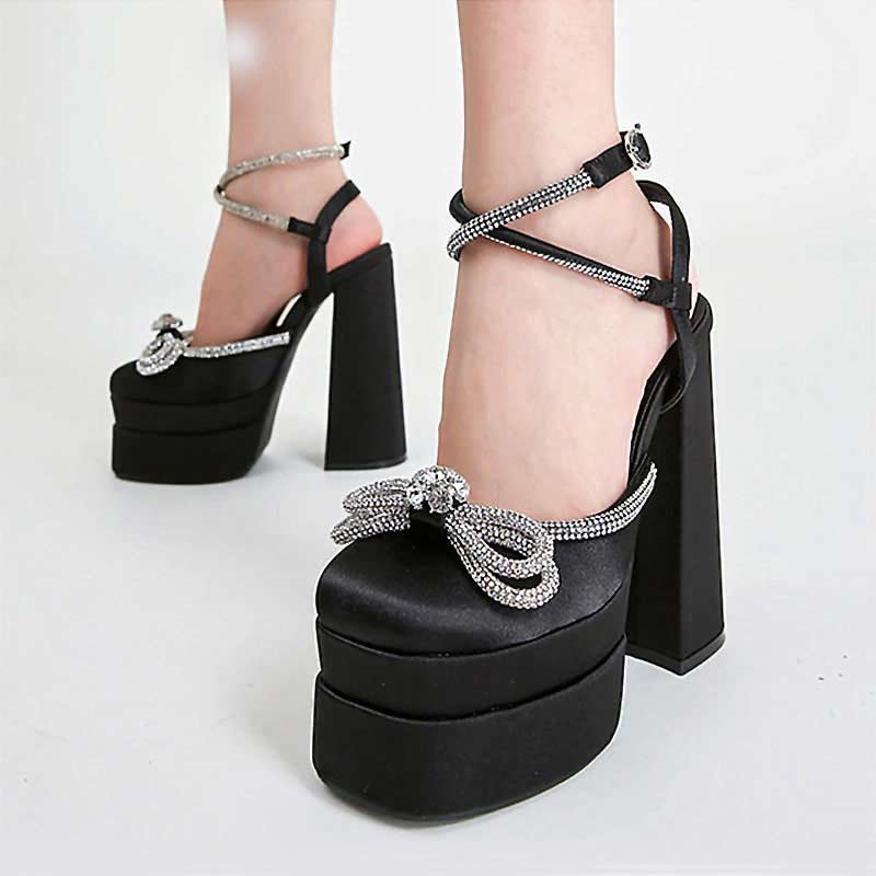 Lib Chunky Heels Crystal Ribbon Ankle Buckle Strap Spring Sandals