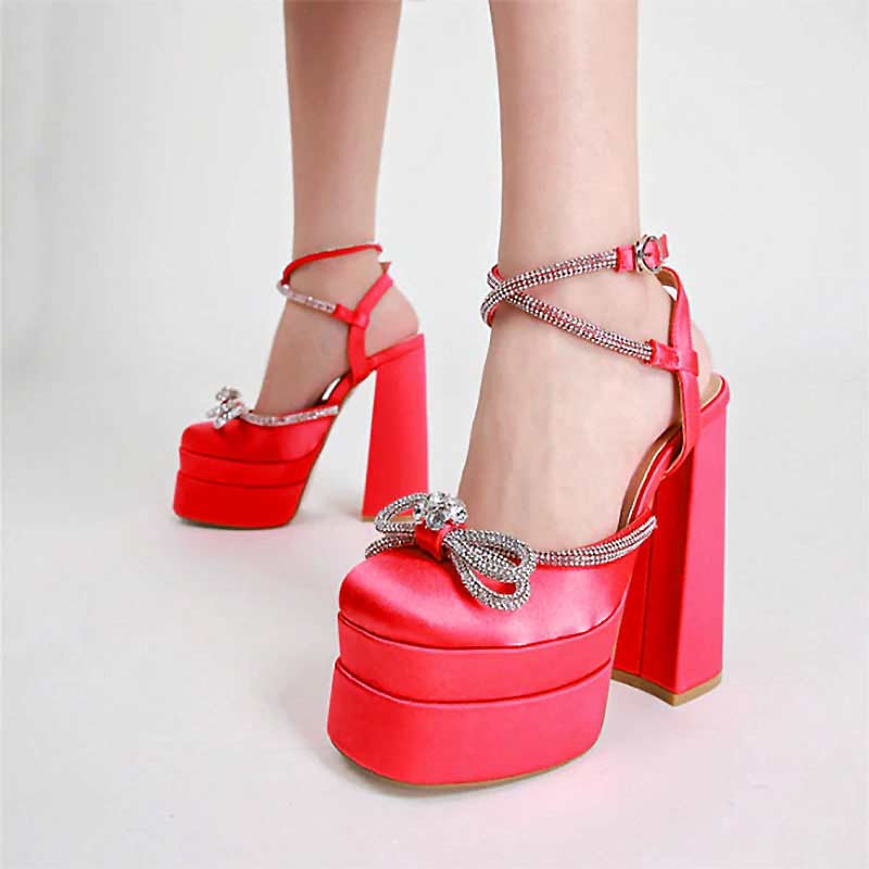 Lib Chunky Heels Crystal Ribbon Ankle Buckle Strap Spring Sandals ...