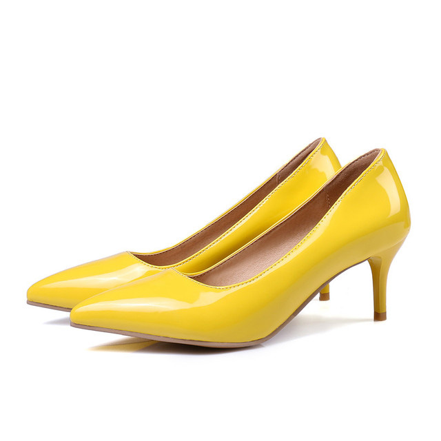 Pointed Toe Stiletto Heels Patent Kdrama Pumps - Yellow - Shaft Material: Patent
Insole Material: Faux Leather
Lining Material: Synthetic
Outsole Material: Rubber
Heels: 2.4 inches (6 cm) in Sexy Heels & Platforms