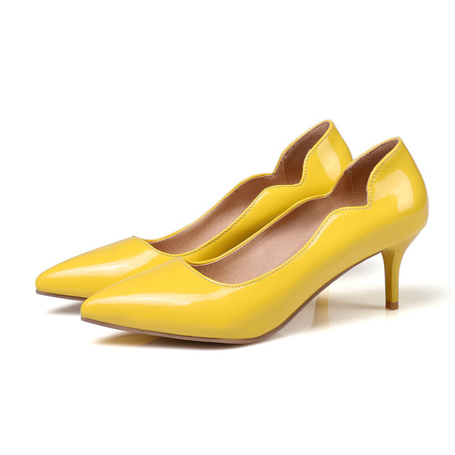Pointed Toe Stiletto Heels Patent Shallow Pumps - Yellow - Shaft Material: Patent
Insole Material: Faux Leather
Lining Material: Synthetic
Outsole Material: Rubber
Heels: 2.4 inches (6 cm) in Sexy Heels & Platforms