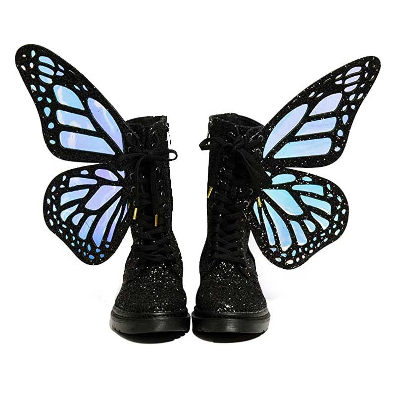 Lib Round Toe Ankle Lace Up Butterfly Wings Boots with Zipper - Black ...