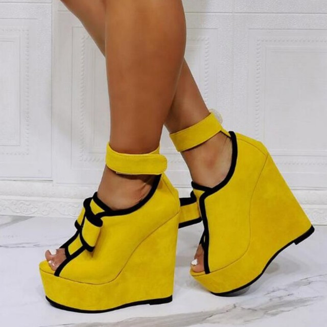 Peep Toe Ankle Buckle Straps Ribbon Platforms Wedges - Yellow - Shaft Material: Flock
Insole Material: Faux Leather
Lining Material: Synthetic
Outsole Material: Rubber

US: 3 (8.46 inch) - EU: 33 ( 21.5 cm)
US: 4 (8.66 inch) - EU: 34 ( 22 cm)
US: 5 (8.86 inch) - EU: 35 ( 22.5 cm)
US: 6 (9.05 inch) - EU: 36 ( 23 cm)
US: 7 (9.25 inch) - EU: 37 ( 23.5 cm)
US: 8 (9.44 inch) - EU: 38 ( 24 cm)
US: 8.5 (9.64 inch) - EU: 39 ( 24.5 cm)
US: 9 (9.85 inch) - EU: 40 ( 25 cm)
US: 9.5 (10.03 inch) - EU: 41 ( 25.5 cm)
US: 10 (10.23 inch) - EU: 42 ( 26 cm)
US: 10.5 (10.43 inch) - EU: 43 ( 26.5 cm)
US: 11 (10.62 inch) - EU: 44 ( 27 cm)
US: 12 (10.82 inch) - EU: 45 ( 27.5 cm)
US: 13 (11.02 inch) - EU: 46 ( 28 cm)
US: 14 (11.22 inch) - EU: 47 ( 28.5 cm)
US: 15 (11.41 inch) - EU: 48 ( 29 cm)
US: 16 (11.61 inch) - EU: 49 ( 29.5 cm)
US: 17 (11.81 inch) - EU: 50 ( 30 cm)
US: 18 (12 inch) - EU: 51 ( 30.5 cm)
US: 19 (12.20 inch) - EU: 52 ( 31 cm) in Sexy Heels & Platforms