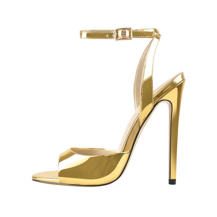 Maken Stiletto Heels Peep Toe Ankle Buckle Straps Pumps - Gold Patent ...