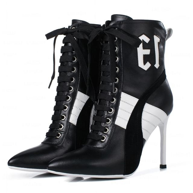 Pointed Toe Stiletto Heels Side Zipper Ankle Highs Leather Boots - Black - Shaft Material: Leather
Insole Material: EVA
Lining Material: Synthetic
Outsole Material: Rubber

US: 3 (8.46 inch) - EU: 33 ( 21.5 cm)
US: 4 (8.66 inch) - EU: 34 ( 22 cm)
US: 5 (8.86 inch) - EU: 35 ( 22.5 cm)
US: 6 (9.05 inch) - EU: 36 ( 23 cm)
US: 7 (9.25 inch) - EU: 37 ( 23.5 cm)
US: 8 (9.44 inch) - EU: 38 ( 24 cm)
US: 8.5 (9.64 inch) - EU: 39 ( 24.5 cm)
US: 9 (9.85 inch) - EU: 40 ( 25 cm)
US: 9.5 (10.03 inch) - EU: 41 ( 25.5 cm)
US: 10 (10.23 inch) - EU: 42 ( 26 cm)
US: 10.5 (10.43 inch) - EU: 43 ( 26.5 cm) in Sexy Boots