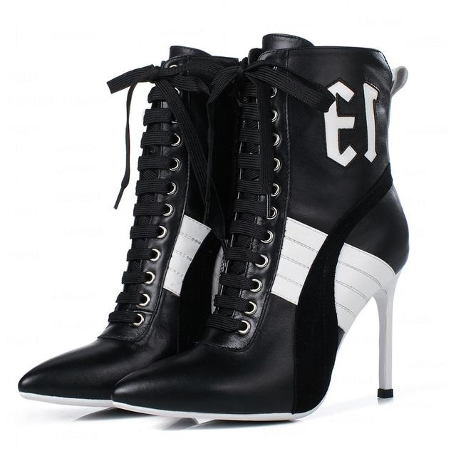 Pointed Toe Stiletto Heels Side Zipper Ankle Highs Leather Boots - Black - Shaft Material: Leather
Insole Material: EVA
Lining Material: Synthetic
Outsole Material: Rubber

US: 3 (8.46 inch) - EU: 33 ( 21.5 cm)
US: 4 (8.66 inch) - EU: 34 ( 22 cm)
US: 5 (8.86 inch) - EU: 35 ( 22.5 cm)
US: 6 (9.05 inch) - EU: 36 ( 23 cm)
US: 7 (9.25 inch) - EU: 37 ( 23.5 cm)
US: 8 (9.44 inch) - EU: 38 ( 24 cm)
US: 8.5 (9.64 inch) - EU: 39 ( 24.5 cm)
US: 9 (9.85 inch) - EU: 40 ( 25 cm)
US: 9.5 (10.03 inch) - EU: 41 ( 25.5 cm)
US: 10 (10.23 inch) - EU: 42 ( 26 cm)
US: 10.5 (10.43 inch) - EU: 43 ( 26.5 cm) in Sexy Boots