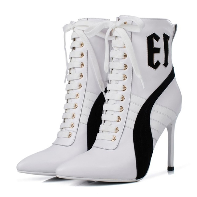 Pointed Toe Stiletto Heels Side Zipper Ankle Highs Leather Boots - White - Shaft Material: Leather
Insole Material: EVA
Lining Material: Synthetic
Outsole Material: Rubber

US: 3 (8.46 inch) - EU: 33 ( 21.5 cm)
US: 4 (8.66 inch) - EU: 34 ( 22 cm)
US: 5 (8.86 inch) - EU: 35 ( 22.5 cm)
US: 6 (9.05 inch) - EU: 36 ( 23 cm)
US: 7 (9.25 inch) - EU: 37 ( 23.5 cm)
US: 8 (9.44 inch) - EU: 38 ( 24 cm)
US: 8.5 (9.64 inch) - EU: 39 ( 24.5 cm)
US: 9 (9.85 inch) - EU: 40 ( 25 cm)
US: 9.5 (10.03 inch) - EU: 41 ( 25.5 cm)
US: 10 (10.23 inch) - EU: 42 ( 26 cm)
US: 10.5 (10.43 inch) - EU: 43 ( 26.5 cm) in Sexy Boots