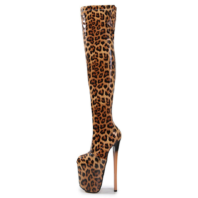 Round Toe Platforms Over The Knee Leopard Print Stiletto Heels Zipper Booties - Leopard - Shaft Material: Patent
Insole Material: Faux Leather
Lining Material: Faux Leather
Outsole Material: Rubber

7.4 inches Heels
3.5 inches Platforms in Sexy Boots