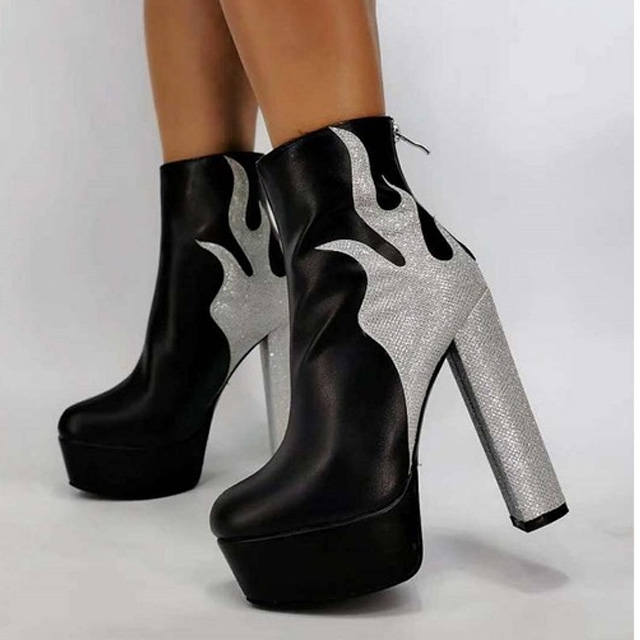 Round Toe Ankle High Side Zipper Chunky Heels Platforms Punk Flame Boots - Black Silver - NOTE: As Different Computers Display Colors Differently,The Color Of the Actual Item May Very Slightly From The Above Images.

Upper Material: Faux Leather
Insole Material: Faux Leather
Lining Material: Synthetic
Outsole Material: Rubber
 in Sexy Boots