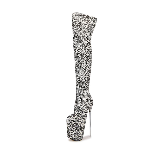 Round Toe Platforms Over The Knee Leopard Print Stiletto Heels Zipper Booties - White - Shaft Material: Patent
Insole Material: Faux Leather
Lining Material: Faux Leather
Outsole Material: Rubber

7.4 inches Heels
3.5 inches Platforms in Sexy Boots