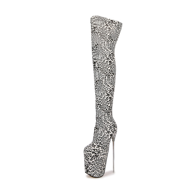 Round Toe Platforms Over The Knee Leopard Print Stiletto Heels Zipper Booties - White - Shaft Material: Patent
Insole Material: Faux Leather
Lining Material: Faux Leather
Outsole Material: Rubber

7.4 inches Heels
3.5 inches Platforms in Sexy Boots
