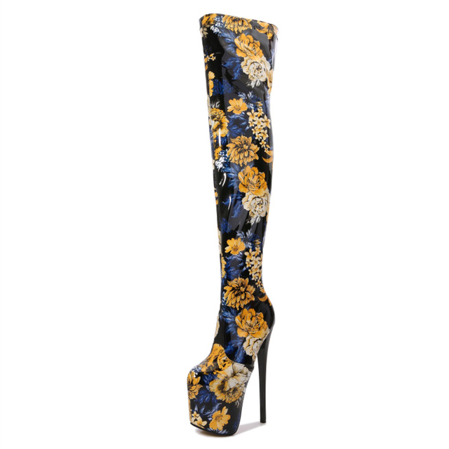 Round Toe Platforms Over The Knee Flower Print Stiletto Heels Zipper Booties - Blue - Shaft Material: Patent
Insole Material: Faux Leather
Lining Material: Faux Leather
Outsole Material: Rubber

7.4 inches Heels
3.5 inches Platforms in Sexy Boots