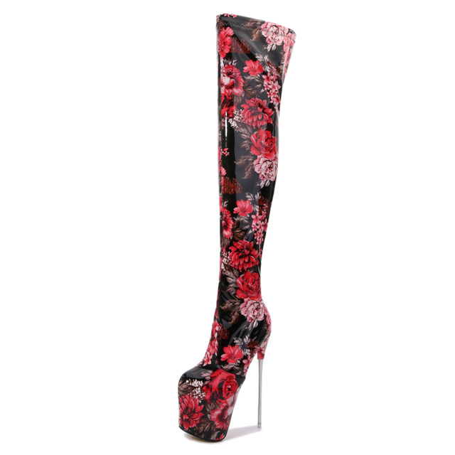 Round Toe Platforms Over The Knee Flower Print Stiletto Heels Zipper Booties - Red - Shaft Material: Patent
Insole Material: Faux Leather
Lining Material: Faux Leather
Outsole Material: Rubber

7.4 inches Heels
3.5 inches Platforms in Sexy Boots