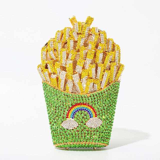 French Fries Chips Shaped Rainbow Rhinestones Mini Clutch Party Purses