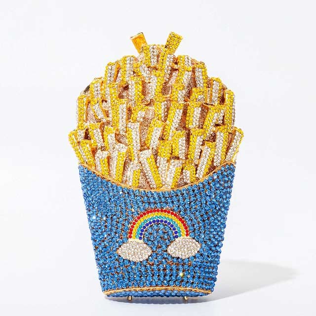 French Fries Chips Shaped Rainbow Rhinestones Mini Clutch Party Purses - Light Blue