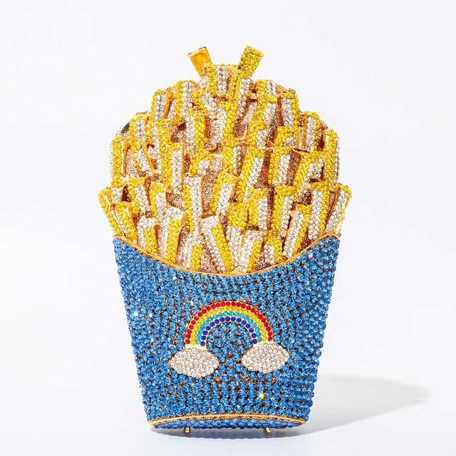 French Fries Chips Shaped Rainbow Rhinestones Mini Clutch Party Purses