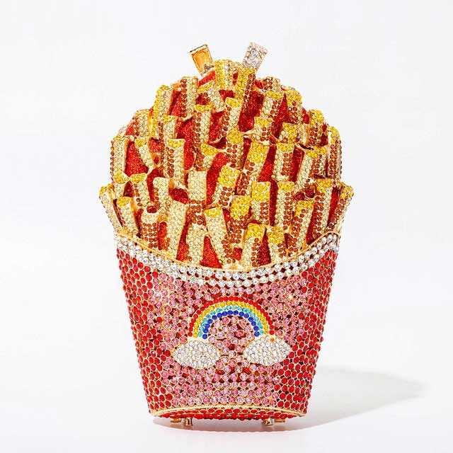 French Fries Chips Shaped Rainbow Rhinestones Mini Clutch Party Purses - Red