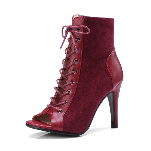 Peep Toe Stiletto Heels Lace Up Gladiator Spring Ankle Highs Sandals Pumps - Red Wine - Shaft Material: Flock, Faux Leather
Insole Material: Faux Leather
Lining Material: Faux Leather
Outsole Material: Rubber
Heels: 9.5 cm / 3.74 inches in Sexy Heels & Platforms