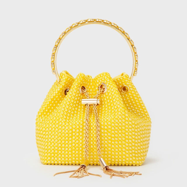 Chain Metal Ring Handle Ceramic Beads Bucket Purse Bags - Yellow