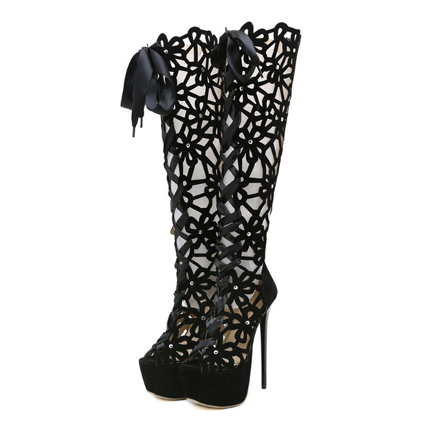 Peep Toe Gladiator Ribbon Lace Up Platforms Stilettos Over the Knees Zipper Boots - Black - NOTE: As Different Computers Display Colors Differently,The Color Of the Actual Item May Very Slightly From The Above Images.

Upper Material: Flock
Insole Material: Faux Leather
Lining Material: Synthetic
Outsole Material: Rubber

Heels: 6.3 inches
Platforms: 2.5 inches in Sexy Boots