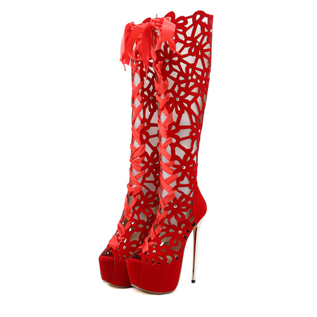 Peep Toe Gladiator Ribbon Lace Up Platforms Stilettos Over the Knees Zipper Boots - Red - NOTE: As Different Computers Display Colors Differently,The Color Of the Actual Item May Very Slightly From The Above Images.

Upper Material: Flock
Insole Material: Faux Leather
Lining Material: Synthetic
Outsole Material: Rubber

Heels: 6.3 inches
Platforms: 2.5 inches in Sexy Boots