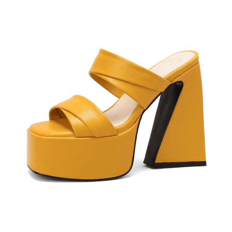 Emma Jones Peep Toe Chunky Heels Slippers Platforms Sandals - Yellow in ...