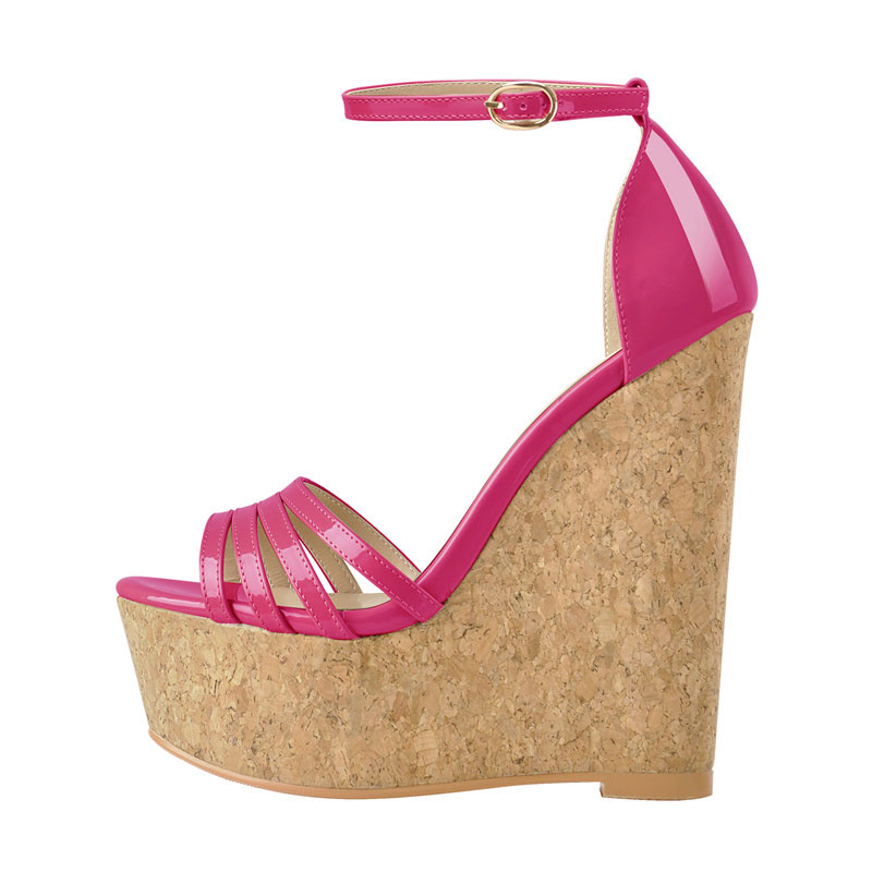 Peep Toe Ankle Buckle Straps Platforms Wedges Sandals - Hot Pink by Maken