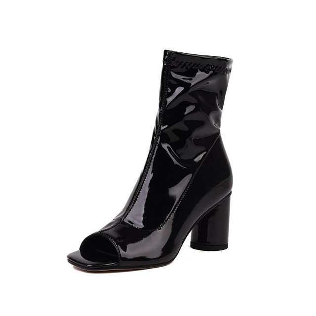 Peep Toe Ankle Highs Chunky Heels Summer Party Zipper Boots - Black - Shaft Material: Patent
Insole Material: Faux Leather
Lining Material: Faux Leather
Outsole Material: Rubber in Sexy Boots