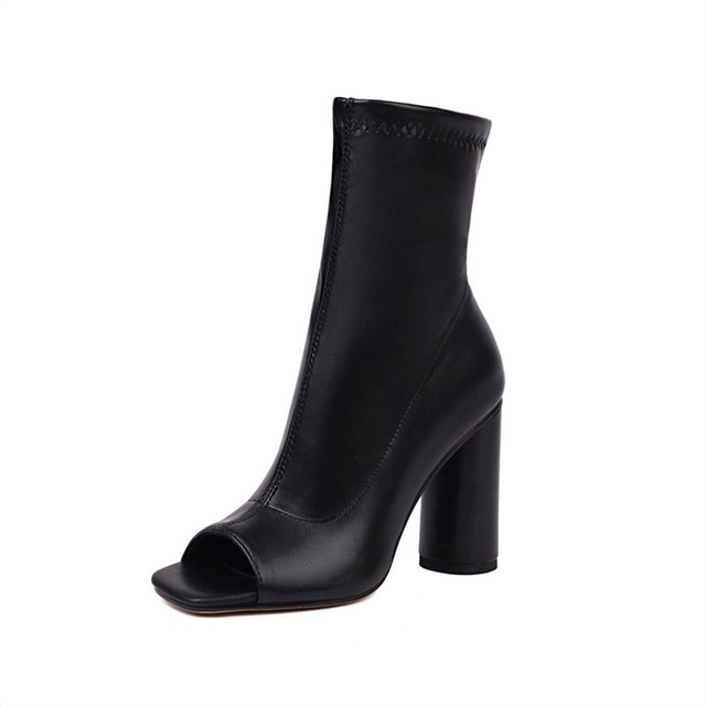 Peep Toe Ankle Highs Chunky Heels Summer Party Zipper Boots - Black - Shaft Material: Faux Leather
Insole Material: Faux Leather
Lining Material: Faux Leather
Outsole Material: Rubber in Sexy Boots
