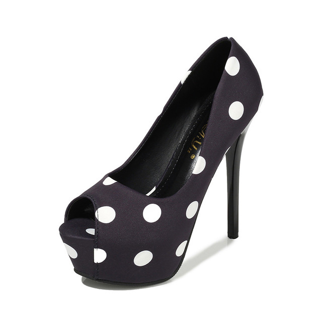 Peep Toe Stiletto Heels Polka Dots Platforms Pumps - Black - Shaft Material: Faux Leather
Insole Material: Faux Leather
Lining Material: Synthetic
Outsole Material: Rubber

US: 3.5 (8.66 inch) - EU: 34 ( 22 cm)
US: 4 (8.86 inch) - EU: 35 ( 22.5 cm)
US: 5 (9.06 inch) - EU: 36 ( 23 cm)
US: 6 (9.25 inch) - EU: 37 ( 23.5 cm)
US: 7 (9.45 inch) - EU: 38 ( 24 cm)
US: 8 (9.65 inch) - EU: 39 ( 24.5 cm) in Sexy Heels & Platforms
