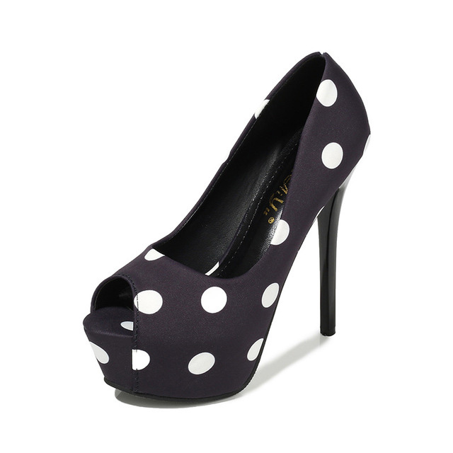 Peep Toe Stiletto Heels Polka Dots Platforms Pumps - Black - Shaft Material: Faux Leather
Insole Material: Faux Leather
Lining Material: Synthetic
Outsole Material: Rubber

US: 3.5 (8.66 inch) - EU: 34 ( 22 cm)
US: 4 (8.86 inch) - EU: 35 ( 22.5 cm)
US: 5 (9.06 inch) - EU: 36 ( 23 cm)
US: 6 (9.25 inch) - EU: 37 ( 23.5 cm)
US: 7 (9.45 inch) - EU: 38 ( 24 cm)
US: 8 (9.65 inch) - EU: 39 ( 24.5 cm) in Sexy Heels & Platforms