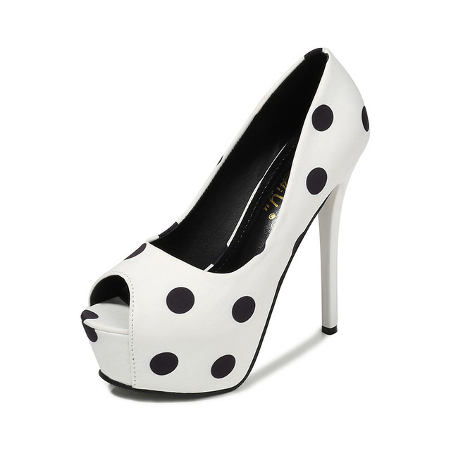 Peep Toe Stiletto Heels Polka Dots Platforms Pumps - White - Shaft Material: Faux Leather
Insole Material: Faux Leather
Lining Material: Synthetic
Outsole Material: Rubber

US: 3.5 (8.66 inch) - EU: 34 ( 22 cm)
US: 4 (8.86 inch) - EU: 35 ( 22.5 cm)
US: 5 (9.06 inch) - EU: 36 ( 23 cm)
US: 6 (9.25 inch) - EU: 37 ( 23.5 cm)
US: 7 (9.45 inch) - EU: 38 ( 24 cm)
US: 8 (9.65 inch) - EU: 39 ( 24.5 cm) in Sexy Heels & Platforms