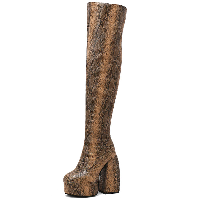 Round Toe Platforms Over The Knee Snake Print Chunky Heels Zipper Booties - Auburn - Shaft Material: Faux Leather
Insole Material: Faux Leather
Lining Material: Faux Leather
Outsole Material: Rubber

5.5 inches Heels
1.8 inches Platforms in Sexy Boots