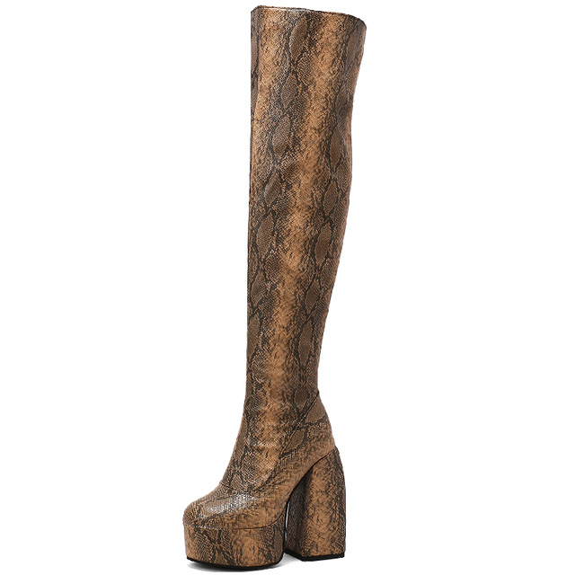 Round Toe Platforms Over The Knee Snake Print Chunky Heels Zipper Booties - Auburn - Shaft Material: Faux Leather
Insole Material: Faux Leather
Lining Material: Faux Leather
Outsole Material: Rubber

5.5 inches Heels
1.8 inches Platforms in Sexy Boots