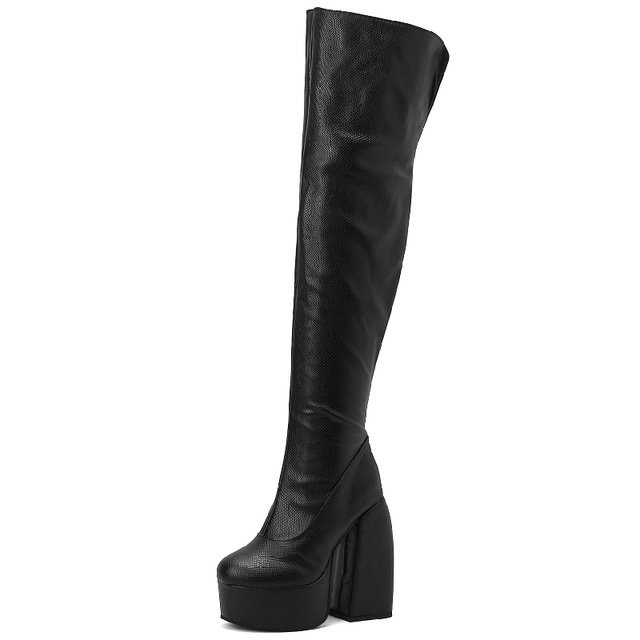 Round Toe Platforms Over The Knee Snake Print Chunky Heels Zipper Booties - Black - Shaft Material: Faux Leather
Insole Material: Faux Leather
Lining Material: Faux Leather
Outsole Material: Rubber

5.5 inches Heels
1.8 inches Platforms in Sexy Boots