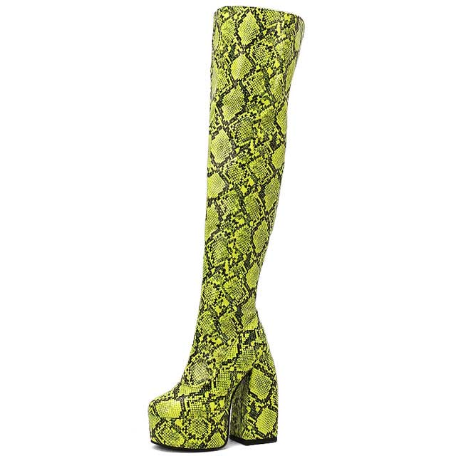 Round Toe Platforms Over The Knee Snake Print Chunky Heels Zipper Booties - Green - Shaft Material: Faux Leather
Insole Material: Faux Leather
Lining Material: Faux Leather
Outsole Material: Rubber

5.5 inches Heels
1.8 inches Platforms in Sexy Boots