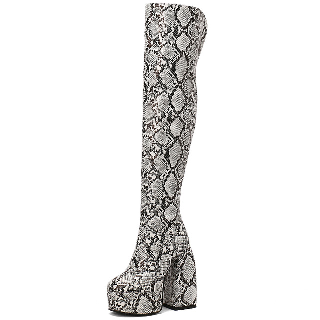 Round Toe Platforms Over The Knee Snake Print Chunky Heels Zipper Booties - White - Shaft Material: Faux Leather
Insole Material: Faux Leather
Lining Material: Faux Leather
Outsole Material: Rubber

5.5 inches Heels
1.8 inches Platforms in Sexy Boots