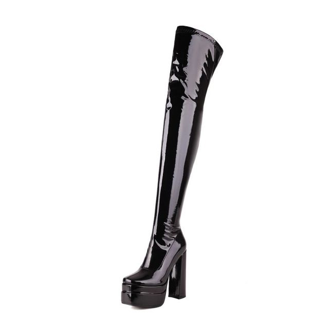 Round Toe Over The Knee Chunky Heels Side Zipper Platforms Super Sexy Patent Boots - Black - Shaft Material: Patent
Insole Material: Faux Leather
Lining Material: Faux Leather
Outsole Material: Rubber in Sexy Boots