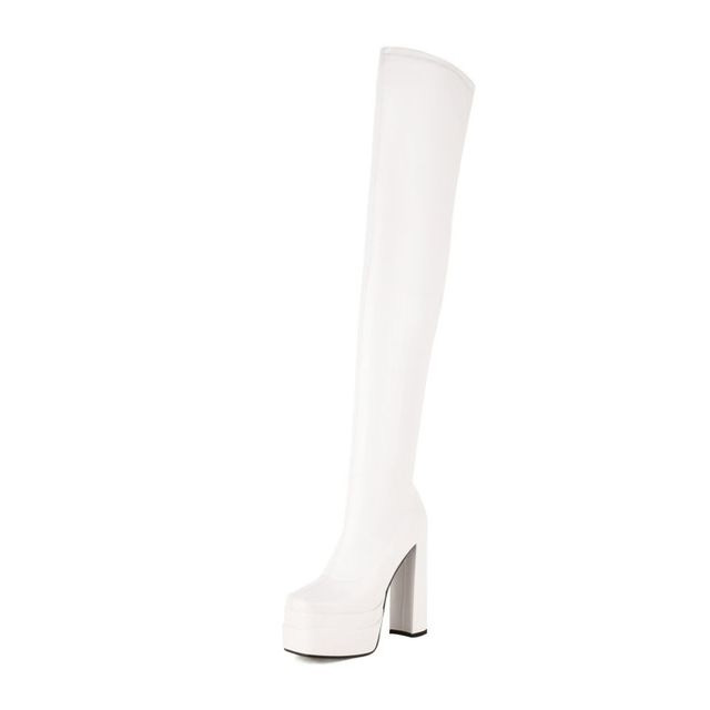 Round Toe Over The Knee Chunky Heels Side Zipper Platforms Super Sexy Boots - White - Shaft Material: Faux Leather
Insole Material: Faux Leather
Lining Material: Faux Leather
Outsole Material: Rubber in Sexy Boots