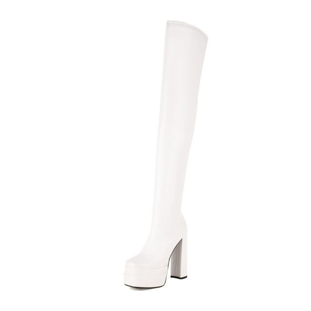 Round Toe Over The Knee Chunky Heels Side Zipper Platforms Super Sexy Boots - White - Shaft Material: Faux Leather
Insole Material: Faux Leather
Lining Material: Faux Leather
Outsole Material: Rubber in Sexy Boots