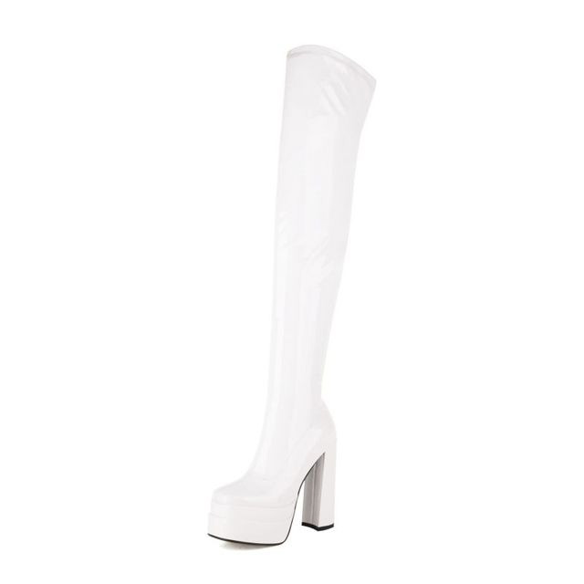 Round Toe Over The Knee Chunky Heels Side Zipper Platforms Super Sexy Patent Boots - White - Shaft Material: Patent
Insole Material: Faux Leather
Lining Material: Faux Leather
Outsole Material: Rubber in Sexy Boots