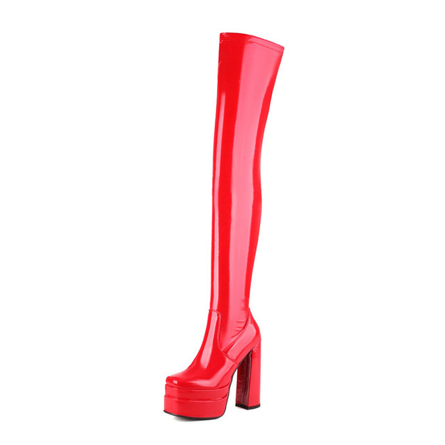 Round Toe Over The Knee Chunky Heels Pull On Platforms Super Sexy Boots - Red - Shaft Material: Patent
Insole Material: Faux Leather
Lining Material: Faux Leather
Outsole Material: Rubber in Sexy Boots