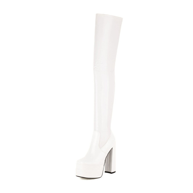 Round Toe Over The Knee Chunky Heels Pull On Platforms Super Sexy Boots - White - Shaft Material: Patent
Insole Material: Faux Leather
Lining Material: Faux Leather
Outsole Material: Rubber in Sexy Boots