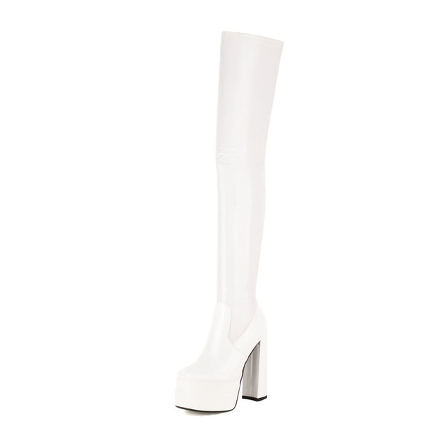 Round Toe Over The Knee Chunky Heels Pull On Platforms Super Sexy Boots - White - Shaft Material: Patent
Insole Material: Faux Leather
Lining Material: Faux Leather
Outsole Material: Rubber in Sexy Boots