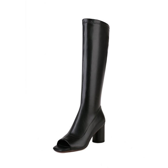 Peep Toe Knee Highs Chunky Heels Summer Party Zipper Boots - Black - Shaft Material: Faux Leather
Insole Material: Faux Leather
Lining Material: Faux Leather
Outsole Material: Rubber in Sexy Boots