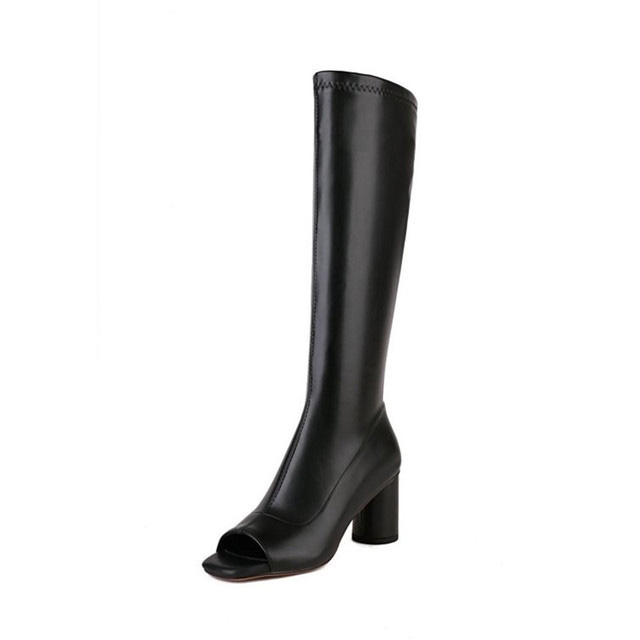 Peep Toe Knee Highs Chunky Heels Summer Party Zipper Boots - Black - Shaft Material: Faux Leather
Insole Material: Faux Leather
Lining Material: Faux Leather
Outsole Material: Rubber in Sexy Boots