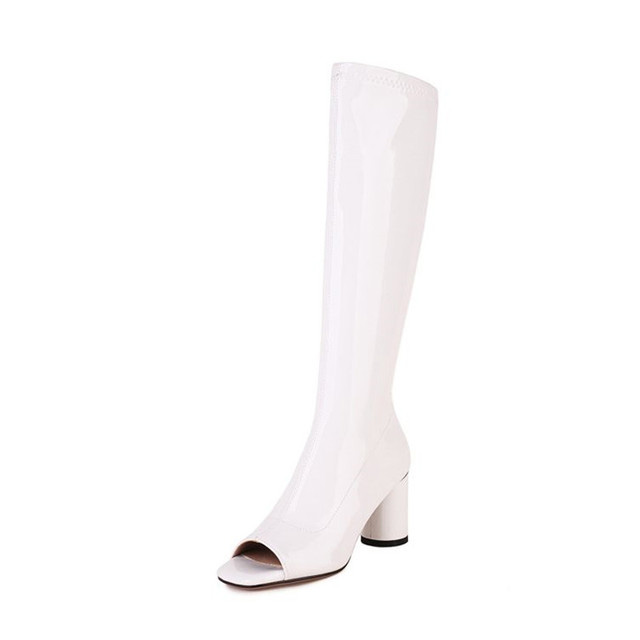 Peep Toe Knee Highs Chunky Heels Summer Party Zipper Boots - White - Shaft Material: Patent
Insole Material: Faux Leather
Lining Material: Faux Leather
Outsole Material: Rubber in Sexy Boots