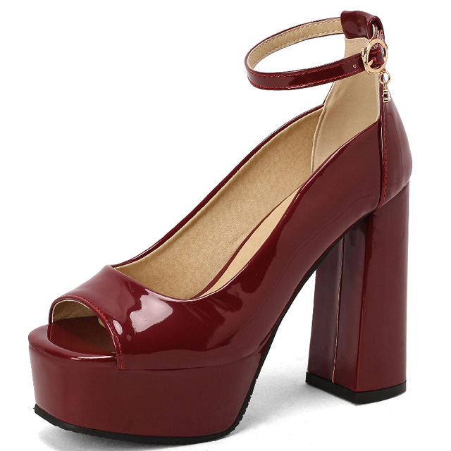 Peep Toe Ankle Buckle Straps Chunky Heels Platforms Pumps - Wine Red - Shaft Material: Patent
Insole Material: Faux Leather
Lining Material: Synthetic
Outsole Material: Rubber in Sexy Heels & Platforms