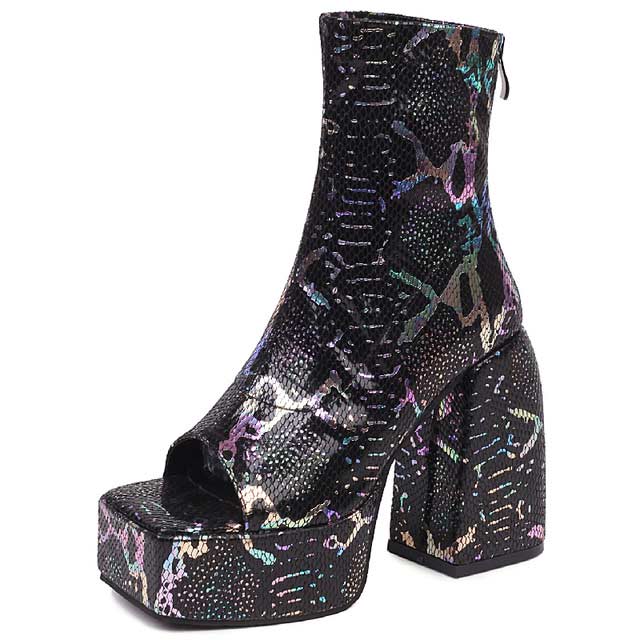 Peep Toe Snake Print Platforms Ankle Highs Short Back Zipper Chunky Heels Summer Boots - Black - Shaft Material: Faux Leather
Insole Material: Faux Leather
Lining Material: Synthetic
Outsole Material: Rubber in Sexy Boots