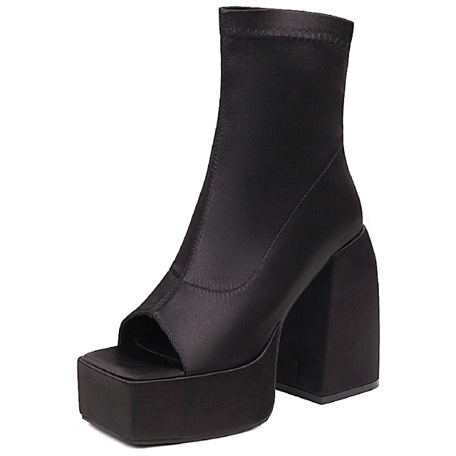 Peep Ankle High Back Zipper Chunky Heels Platforms Satin Pumps Boots - Black - Shaft Material: Satin
Insole Material: Faux Leather
Lining Material: Synthetic
Outsole Material: Rubber in Sexy Boots