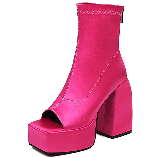 Peep Ankle High Back Zipper Chunky Heels Platforms Satin Pumps Boots - Rose Red - Shaft Material: Satin
Insole Material: Faux Leather
Lining Material: Synthetic
Outsole Material: Rubber in Sexy Boots